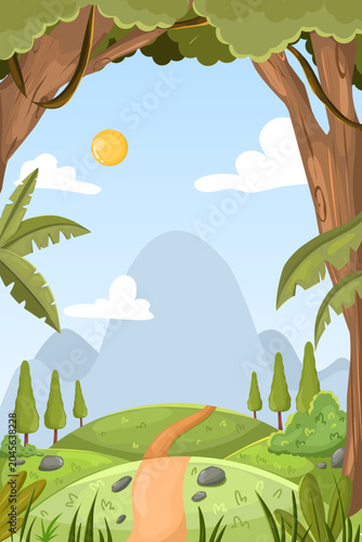  illustration of a beautiful natural landscape, featuring a small, winding path that narrows as it leads toward lush green hills, framed by lush, vibrant trees 