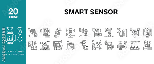 Smart Sensor icon set. Includes smart, sensor, sensing, detector, monitoring, automation and More. Editable Stroke Icon Collection.