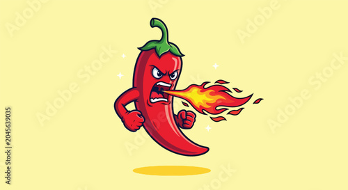Photos Angry Red Chili Pepper Character Breathing Fire Cartoon Illustration