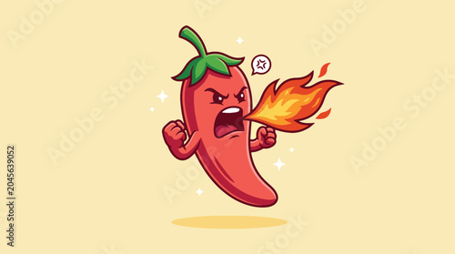 Obraz na płótnie Cartoon Angry Red Chili Pepper Character Breathing Fire.