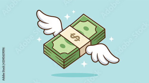 Cartoon illustration of a stack of green dollar bills with wings flying on a light blue background.