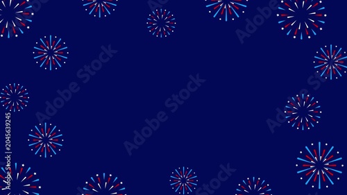 Patriotic red white and blue fireworks frame background with copy space on navy blue for 4th of July.