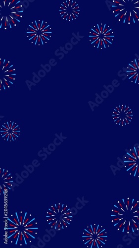 Patriotic red white and blue fireworks frame background with copy space on navy blue for 4th of July.