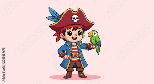 Fotografie Cute little boy pirate cartoon character with green parrot friend
