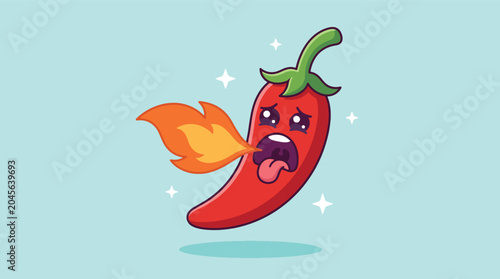 Cute Red Chili Pepper Breathing Fire Cartoon Character Illustration.