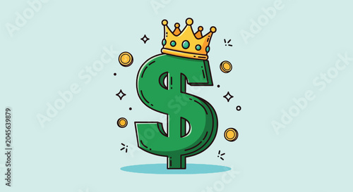 Konstfotografi Green Dollar Sign with Gold Crown Cartoon Illustration Representing Wealth and Financial Success