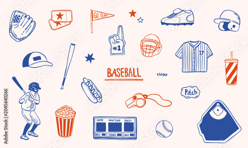 Photos baseball hand drawn doodle illustration collection set vector illustration