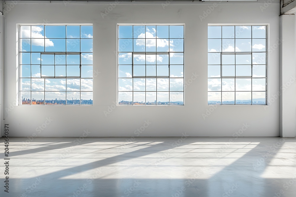 Fototapeta premium Bright Modern Interior with Large Windows and Scenic View of Blue Sky and Clouds