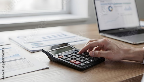Ultra-realistic office desk photo of accountant hand performing finance calculations, calculator buttons visible, report paperwork and laptop in background, soft daylight, premium commercial clarity