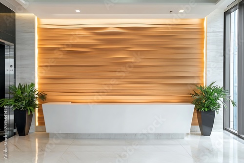 Modern Reception Area with Elegant Wood Wall and Stylish Plants in Office Environment