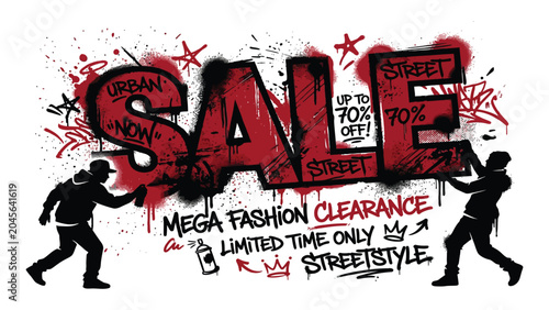 Tableau sur toile Graffiti artists paint a bold street style sale sign on a wall to announce a mega fashion clearance