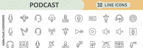 Fényképezés Thirty podcast line icons for audio broadcasting and digital media production wi