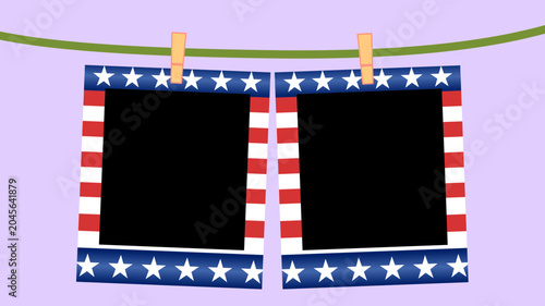 Vector 2 blank Polaroid frames with USA flag design (stars & stripes), hanging with wooden clothespins on a line. Perfect for 4th of July, Memorial Day, Independence Day mockups or greeting cards.
