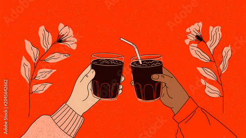 Two cups of coffee, cheers, celebration, close-up.