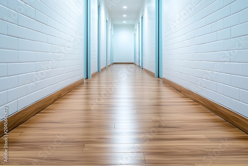 Bright and Clean Hallway with Glossy Wooden Floor and White Tiled Walls in Modern Building