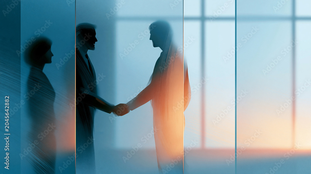 Fototapeta premium Zwei Silhouetten schütteln sich die Hände vor einem blau-gelb beleuchteten Hintergrund als Symbol für eine Partnerschaft oder Einigung.