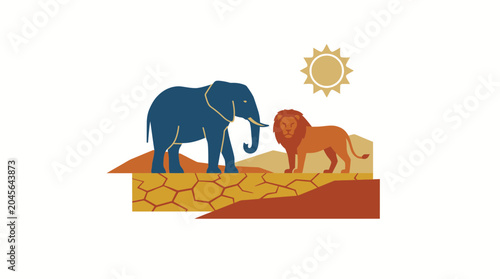 Elephant and lion standing in arid desert landscape under sun.