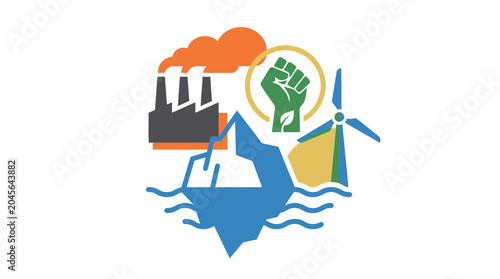 Environmental collage with melting iceberg wind turbine factory and green protest fist.