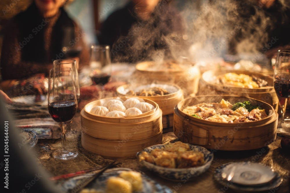 Naklejka premium Extended family feast with fresh dim sum assortment as centerpiece with steaming baskets