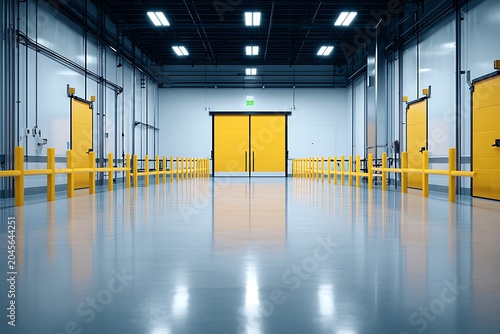 Bright Industrial Warehouse Interior with Yellow Doors and Clean Reflective Floor Space