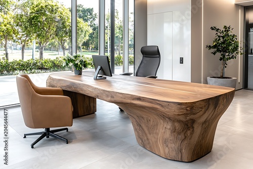 Modern office interior featuring stylish wooden desk and ergonomic chair with greenery