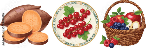 Obraz na plátně Sweet potato red currant and fruit basket illustration collection with fresh ber