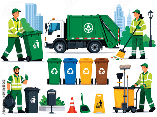 Sanitation flat vector illustration featuring sanitation workers, waste collection bins, recycling containers, cleaning equipment, and a clean urban environment