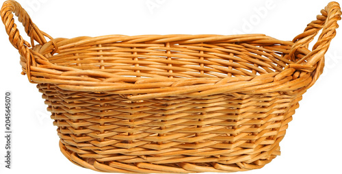 Empty wicker basket on white background