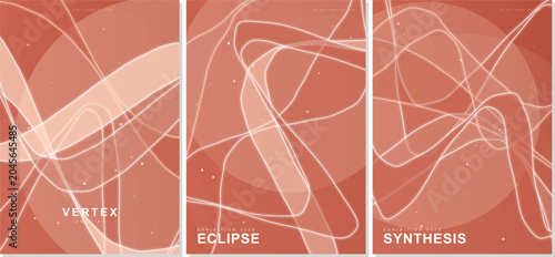 Abstract futuristic 2026 coral peach poster set featuring fluid wavy lines, elegant glowing shapes, vertex eclipse synthesis typography vector background for creative corporate design.
