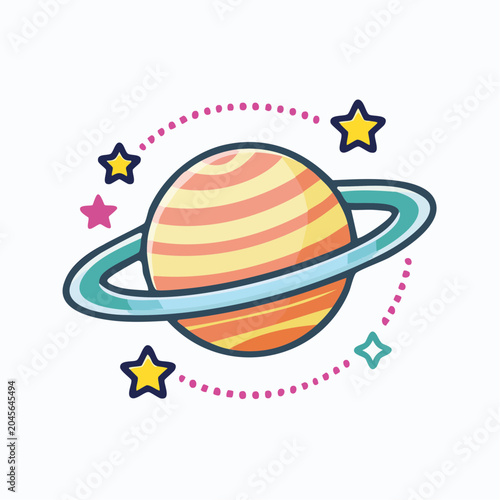 Cartoon Planet with Rings and Stars