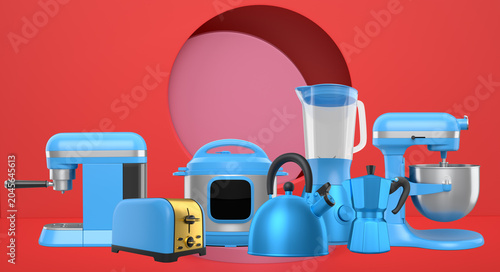 Foto Set of kitchen appliances and utensils floating in mid-air over podium and abstr