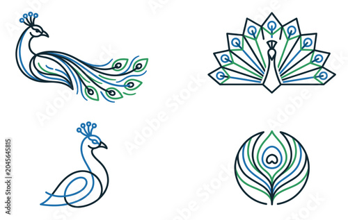 Minimalist line art peacock vector logo collection with elegant blue and green outline bird designs for modern brand identity.