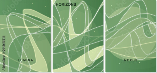 Abstract futuristic 2026 sage green poster set featuring fluid wavy lines, elegant glowing shapes, lumina horizons nexus typography vector background for creative corporate design.