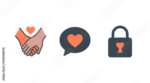 Three minimalist vector icons featuring romantic symbols like joined hands speech bubble and heart padlock