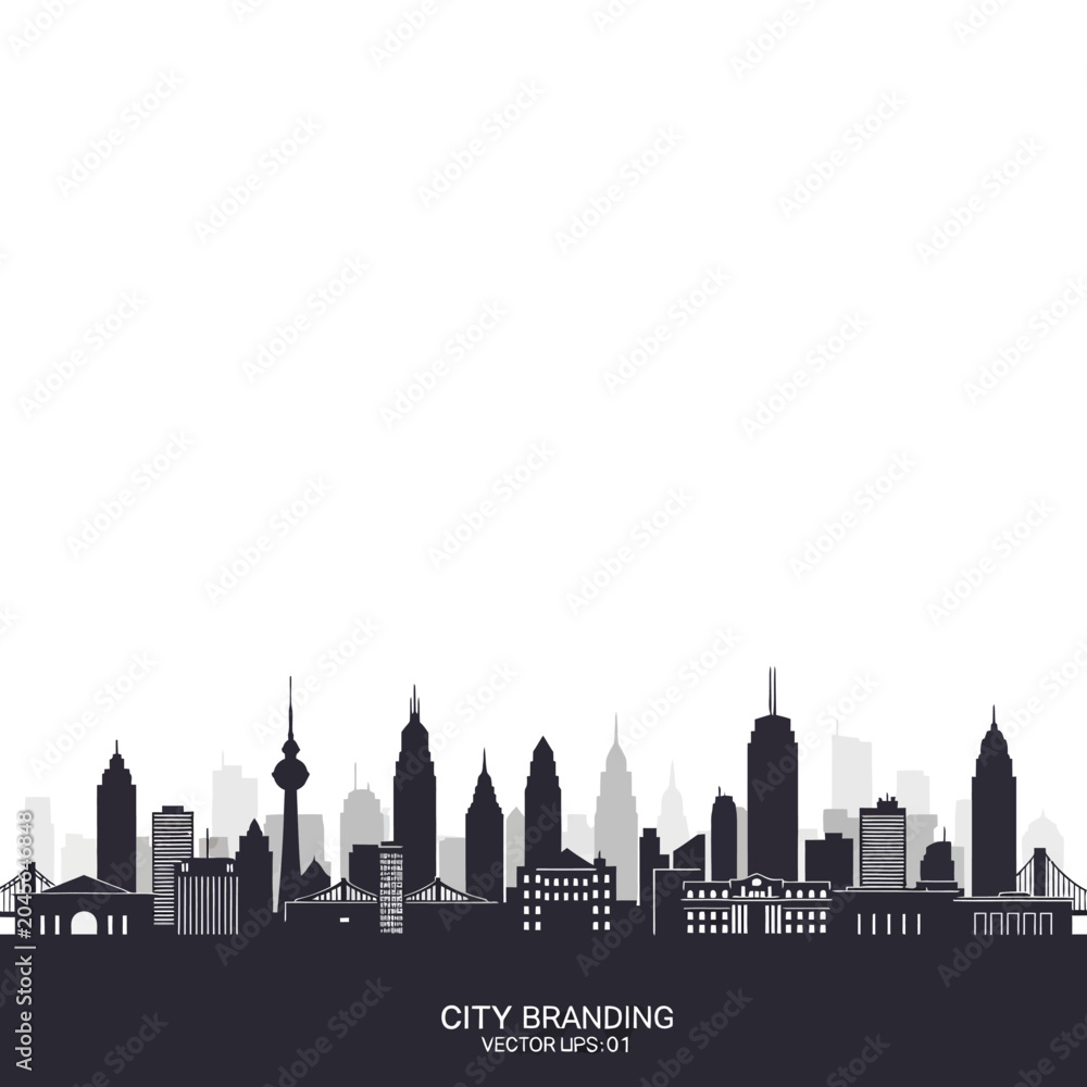 Fototapeta premium Modern City Skyline Silhouette, Urban Architecture, Business District, Vector Illustration
