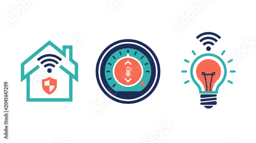 Three colorful smart home icons displaying wifi security thermostat and connected light bulb digital graphics