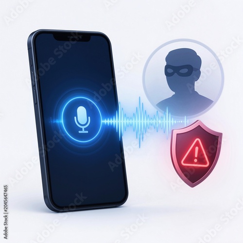 AI Voice Scam Warning with Smartphone Audio Waveform and Cybersecurity Shield Illustration