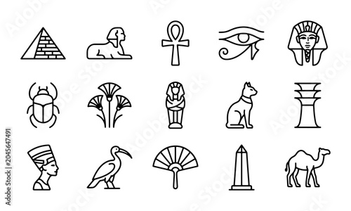 Tableau sur toile Ancient Egyptian Icons Set: Pyramids, Sphinx, Ankh, Eye of Horus, Pharaoh, Scara