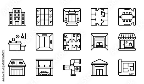 Fotografie Building Icons Set: Architecture, Floor Plans, Elevators, Offices, Garages, Shop
