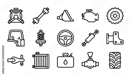Schilderij op canvas Tractor Parts Vector Icons Set: Agricultural Machinery Components, Vehicle Mecha