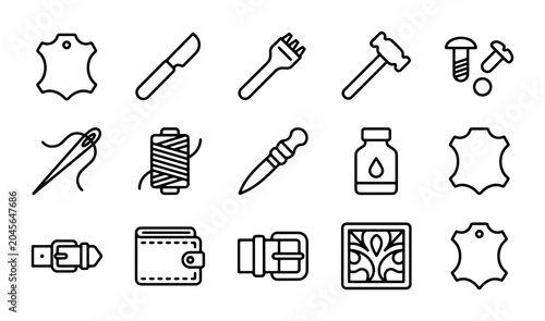 Foto Leather Crafting Tools & Supplies Icons, Leather Goods Vector Set, Handmade Acce