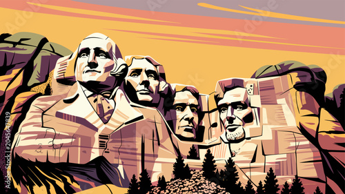 Fotografie Illustrative depiction of Mount Rushmore featuring the carved faces of four US presidents against a warm, sunset-colored sky, showcasing a national landmark