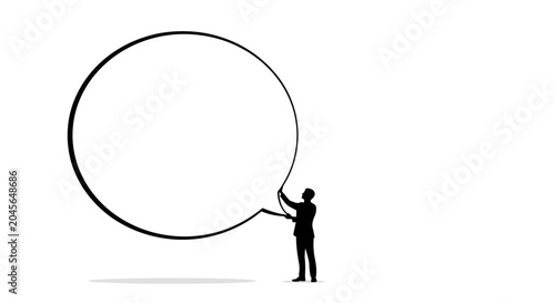 Silhouette Person Holding Large Speech Bubble, Communication Concept, White Background