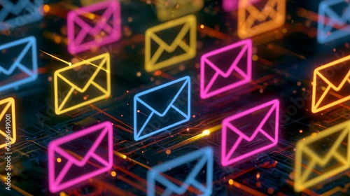 Digital Mail Icons on Circuit Board Background