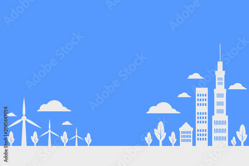 Minimalist silhouette of a city and industrial landscape in monochromatic blue tones. Includes modern skyscrapers, windmills, and trees against a solid blue sky background
