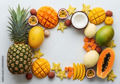 This is an image showing a variety of tropical fruits arranged