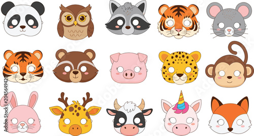Fotografija Cute cartoon animal face collection featuring panda tiger fox rabbit monkey and
