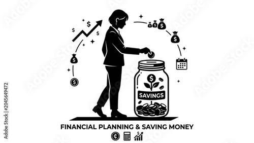 Obraz na plátne Financial Planning Concept – Black Silhouette Vector of Person Placing Coin into
