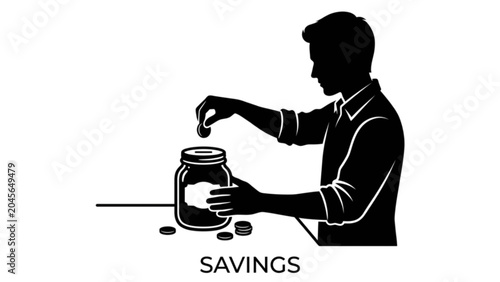Obraz na plátne Financial Planning Concept – Black Silhouette Vector of Person Placing Coin into