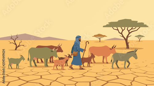 Fotografía Nomadic Herder with Livestock Searching Water in Arid Savanna